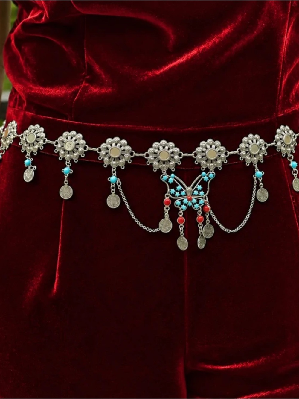 Boho Silver Butterfly Coin Waist Chain with Turquoise & Coral Beads